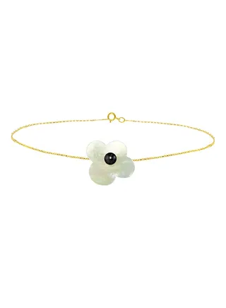 18 Karat Solid Yellow Gold Mother Of Pearl With 7 mm Flower Shape Pearl Chain Bracelet 