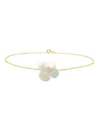 18 Karat Solid Yellow Gold Mother Of Pearl With 7 mm Flower Shape Pearl Chain Bracelet 