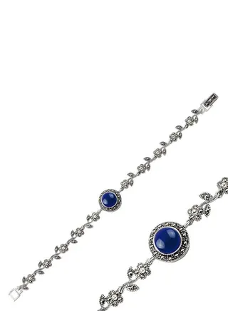 925 Silver-Natural Marcasite & Navy Blue Lapis Lazuli Bracelet-High-Quality Jewelry in UAE Dubai 100% Precious Metal Gift for Women-EMNON87BR-B98611 