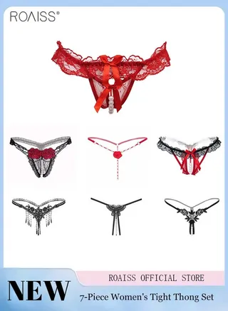 7 Pieces Women's Underwear Fashion Hollow Out T-Pants Fashion Hollow G-String Lace Opening Low Waisted Thong 
