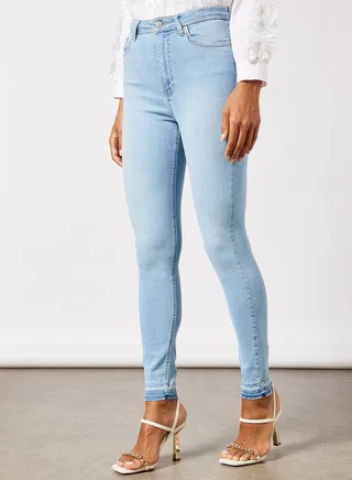 Denim Open Hem Skinny Fit Mid Rise Jeans Light Blue 