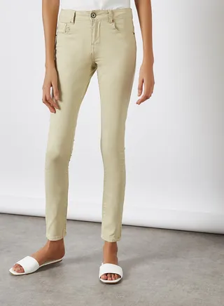 Solid Pattern Skinny Jeans Beige 