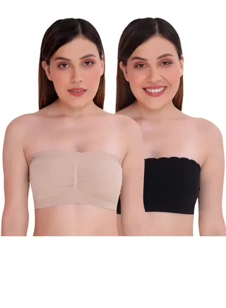 Women’s Padded Seamless Strapless Bandeau Tube Bra with Back Hook, Black/Beige 