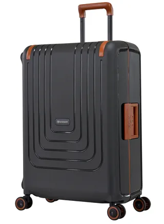 Vertica Hard Case Travel Bag Medium Luggage Trolley Polypropylene Lightweight Suitcase 4 Quiet Double Spinner Wheels With TSA Lock B0006 Dark Grey Brown Trim 