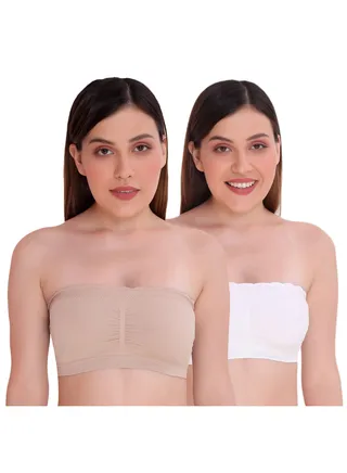 Women’s Padded Seamless Strapless Bandeau Tube Bra with Back Hook, Beige/White 