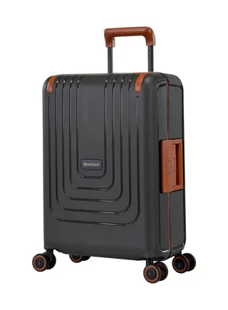 Vertica Hard Case Travel Bag Cabin Luggage Trolley Polypropylene Lightweight Suitcase 4 Quiet Double Spinner Wheels With TSA Lock B0006 Dark Grey Brown Trim 