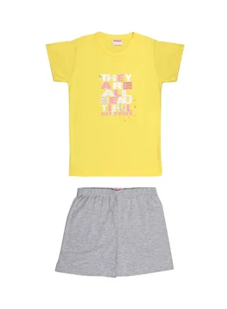 Short Sleeve Printed Top And Short Set Yellow/Grey 