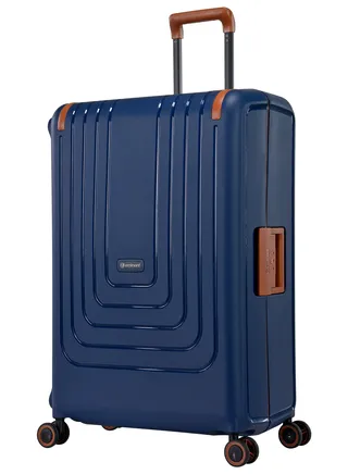 Vertica Hard Case Travel Bag Large Luggage Trolley Polypropylene Lightweight Suitcase 4 Quiet Double Spinner Wheels With TSA Lock B0006 Dark Blue Brown Trim 
