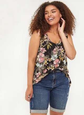 Flower Printed Slub Jersey Loose Tank With Cross Back Multicolour 