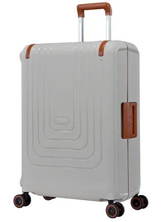 Vertica Hard Case Travel Bag Medium Luggage Trolley Polypropylene Lightweight Suitcase 4 Quiet Double Spinner Wheels With TSA Lock B0006 Off White Brown Trim 