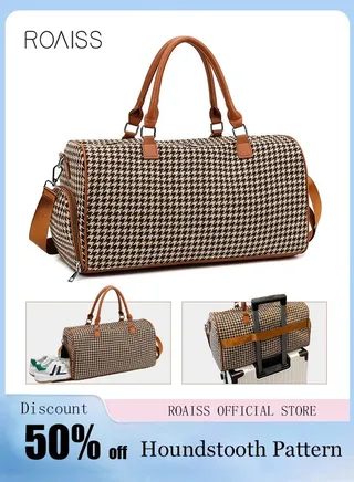 Houndstooth Pattern Large Capacity Duffel Bag Retro Chic Luggage Handbag Wet and Dry Separation Shoes Compartment Crossbody Bag for Women Fitness Sports Trip Brown 