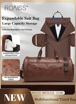 Business Multifunctional Travel Bag for Man PU Leather Large Capacity Expandable Suit Bag Mans Multi Compartment Design Foldable Waterproof Luggage Bag with Independent Shoe Compartment 