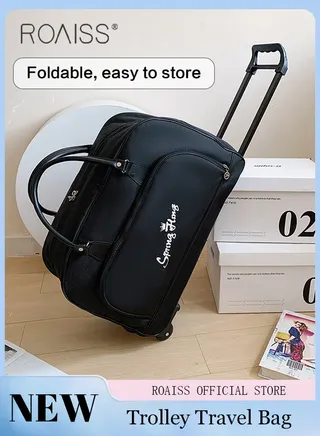 Unisex Trolley Travel Bag Oxford Fabric Premium Large Capacity Foldable Multifunctional Luggage Bag with Various Carrying Methods Waterproof Sports Fitness Bag with Smooth Zipper and Wheels 
