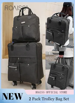 Unisex 2 Pack Trolley Bag Set Premium Large Capacity Foldable Multifunctional Travel Bag Multi Compartment Design Waterproof Luggage Bag with Smooth Zipper and Universal Wheel 