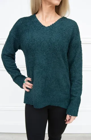 V-Neck Teddy Sweater in Jade