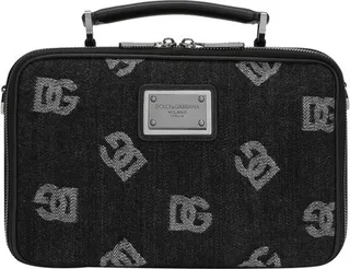 Calfskin and denim crossbody bag with logo