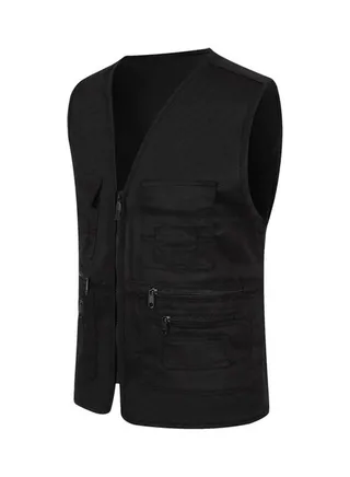 Multi-Pocket Solid Colour Waistcoat Black 