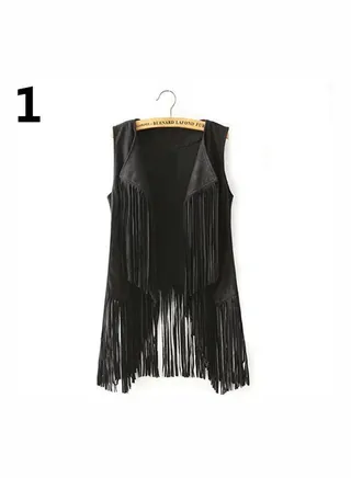 Women Autumn Fashion Suedette Sleeveless Tassel Fringed Jacket Vest Waistcoat Black 