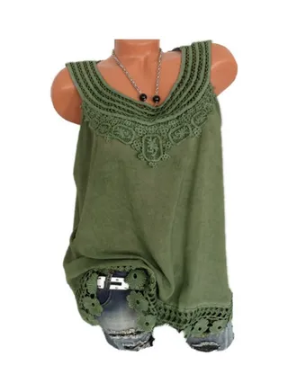 Casual Patchwork Tank Top Army Green 