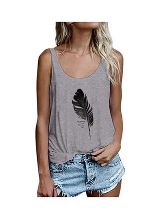 Feather Printed Round Neck Sleeveless Vest Grey 