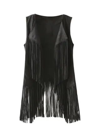Sleeveless Solid Color Faux Suede Tassels Vest Black 
