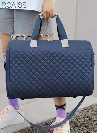 Quilted Travel Duffel Bag Large Capacity Lightweight Waterproof Oxford Fabric Multipurpose Shoulder Luggage Bag for Fitness Sports Training Trip for Unisex Blue 