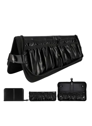 Makeup Brush Bag Organizer, Professional PU Leather Makeup Brush Holder Foldable Travel Makeup Brush Case Portable Zippered Handbag, Waterproof Cosmetic Bag for Women Men Makeup Artist 