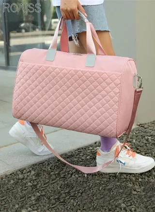 Quilted Travel Duffel Bag Large Capacity Lightweight Waterproof Oxford Fabric Multipurpose Shoulder Luggage Bag for Fitness Sports Training Trip for Women Pink 