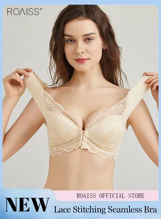 Women's Front Open Buckle Seamless Bra Comfortable Wide Straps Lace Splicing Non-Steel Ring Bra 
