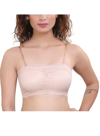 Women's Padded Seamless Floral Lace Tube Strapless Bra with Removable soft cups, Beige 
