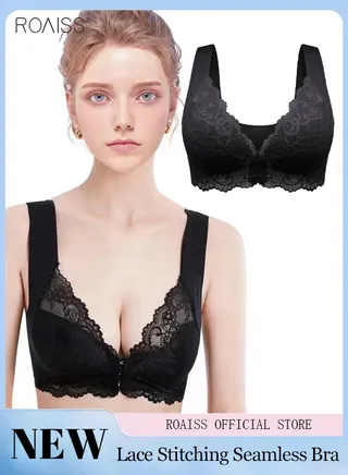 Women's Front Open Buckle Seamless Bra Comfortable Wide Straps Lace Splicing Non-Steel Ring Bra 
