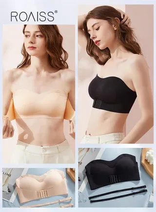 2Pcs Women's Strapless Tube Top Underwear Without Steel Ring Push Up Bra Beige/Black 