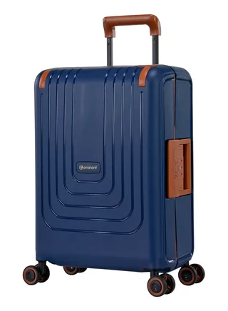 Vertica Hard Case Travel Bag Cabin Luggage Trolley Polypropylene Lightweight Suitcase 4 Quiet Double Spinner Wheels With TSA Lock B0006 Dark Blue Brown Trim 