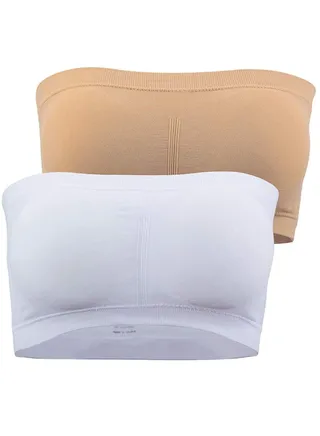 Women's Strapless Seamless Padded Bandeau Tube Top Bra, Removable Pads, Beige/White 