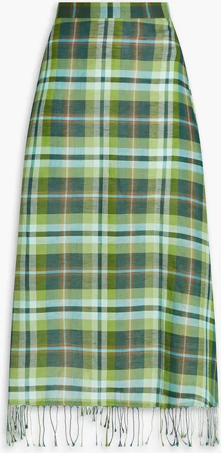 River fringed checked cotton and linen blend midi skirt