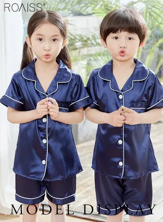 2-Pack Set Pajamas Children's Ice Silk Satin Universal Classic Style Daily Lapel Short-Sleeved Shirt and Elastic Waist Shorts Set Home Wear 
