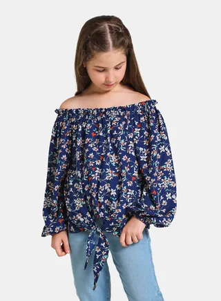 Off Shoulder Long Sleeve Blouse Top Blue Floral 