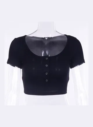 Casual Short Sleeve Crop Top Black 