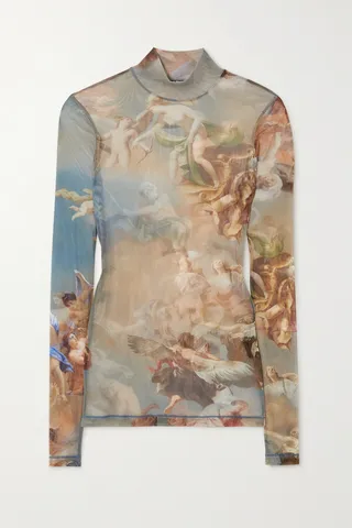 Balmain - Printed Stretch-tulle Turtleneck Top - Neutrals
