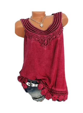 Casual Patchwork Tank Top Wine Red 