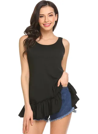Ruffles Hem Loose Fit Casual Tank Top Black 