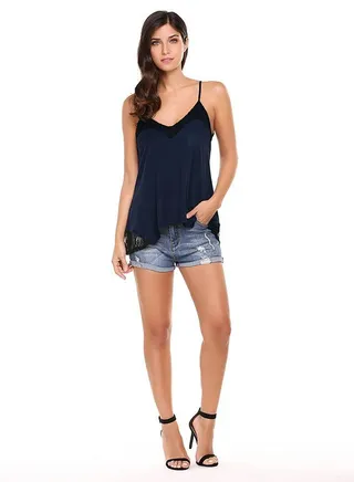 Patchwork Loose Pullover Tank Top Vest Navy Blue 