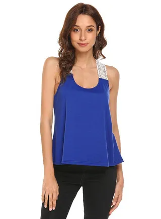 Lace Patchwork Casual Loose Fit Tank Top Royal Blue 
