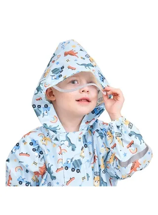 Kids Toddler Rain Suit for Boys Girls One Piece Hoodie Zipper Cartoon Waterproof Coverall Rain Jacket 1-3 Years S Size 