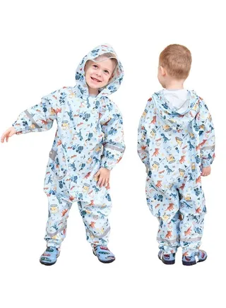 Kids Toddler Rain Suit for Boys Girls One Piece Hoodie Zipper Cartoon Waterproof Coverall Rain Jacket 7-9Years XL Size 