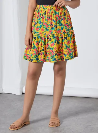 Floral Printed Flared Skirt Yellow Aop 