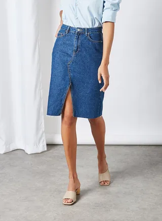 Frayed Hem Denim Skirt Blue 