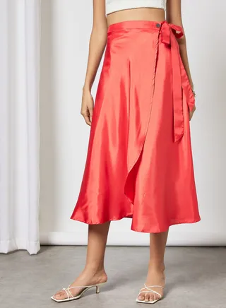 Solid Pattern Tie-Waist Midi Skirt Coral 