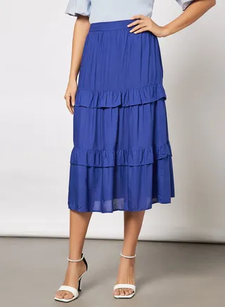 Women's Casual Tiered Ruffle Maxi Skirt Navy 