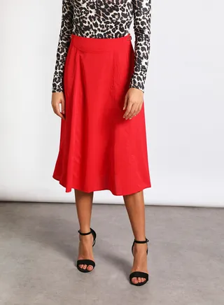 High Rise Wide Waistband Circle Skirt Red 